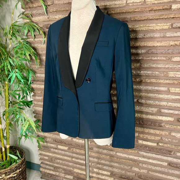 Express Black and Dark Teal Colorblock Tuxedo Shawl Collar Blazer Jacket Size 12 - Picture 5 of 6